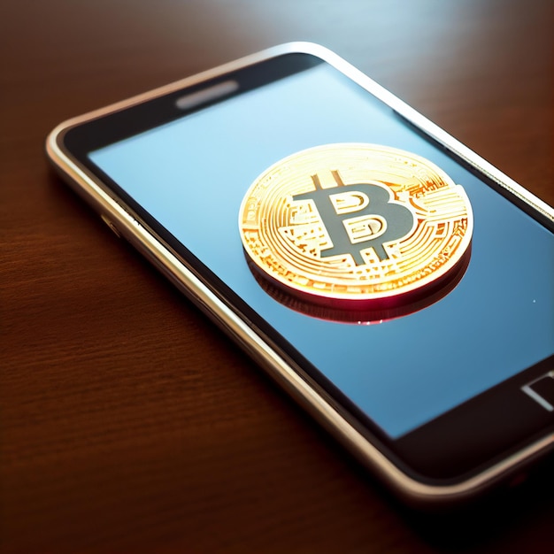 Bitcoin app bitcoin logo on mobile screen paying with smartphone cryptocurrency background