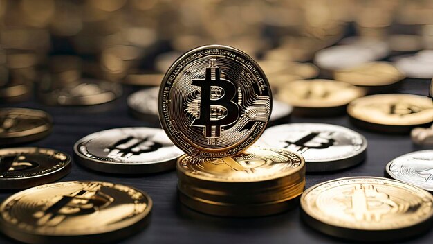 Photo bitcoin background banner cryptocurrency gold bitcoins with abstract background