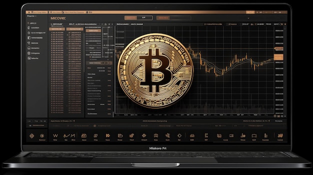 Bitcoin on the background of the monitor of the laptop Vector illustration