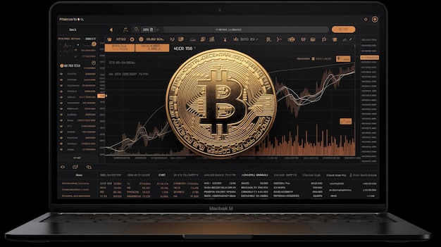 Bitcoin on the background of the monitor of the laptop Vector illustration