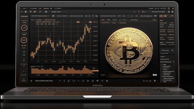 Photo bitcoin on the background of the monitor of the laptop vector illustration