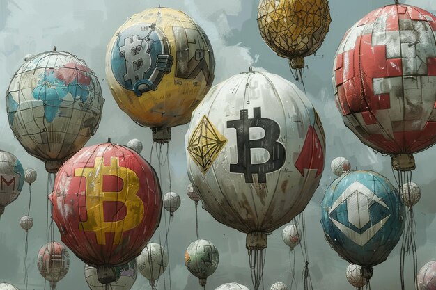 Foto bitcoin ballonnen drijven in de lucht