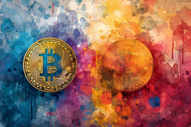 Bitcoin and Bitcoin on Colorful Background