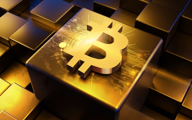 Bitcoin (BTC) muntsymbool, digitale valuta, 3D-afbeelding