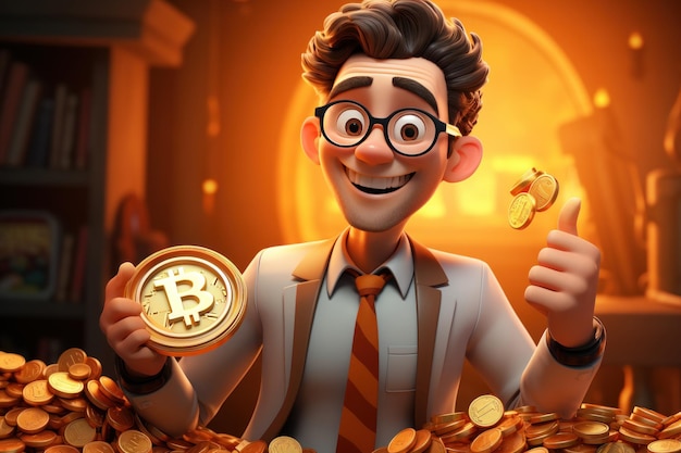 Bitcoin Buddy Cartoon Character Holding a Bitcoin Coin Generative AI