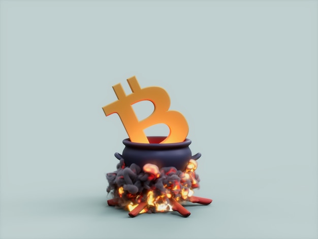 Bitcoin Cauldron Fire Cook Crypto Valuta 3D Illustratie Render