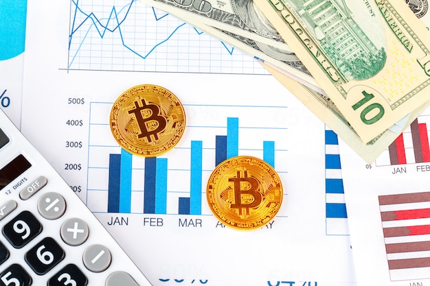 bitcoin, chart and us dollar. Finance trading