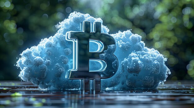 Foto bitcoin cloud mining afgebeeld met btc teken zweven over wolken versierd met digitale symbolen