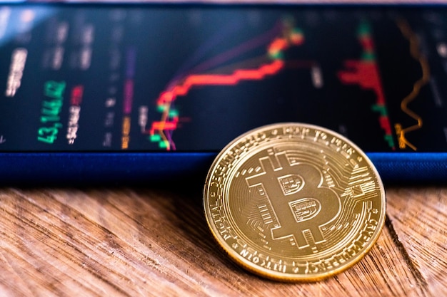 Bitcoin coin on the background of a smartphone screen with a graph of fall of cryptocurrency market on the binance exchange