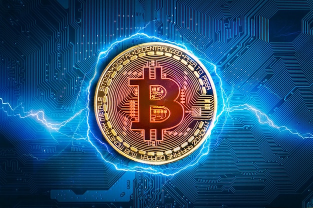 ビットコインコイン。電子マザーボードの抽象的な背景のビットコイン-暗号通貨。