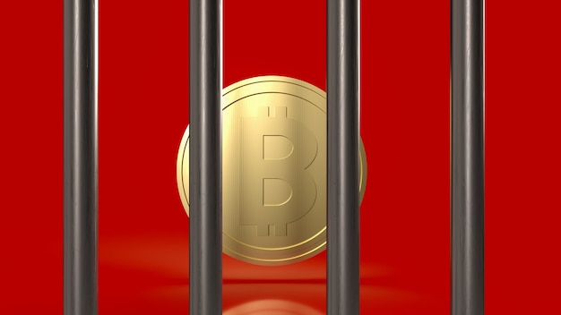 Монета биткойн в клетке на красном фоне для криптовалюты или бизнес-концепции