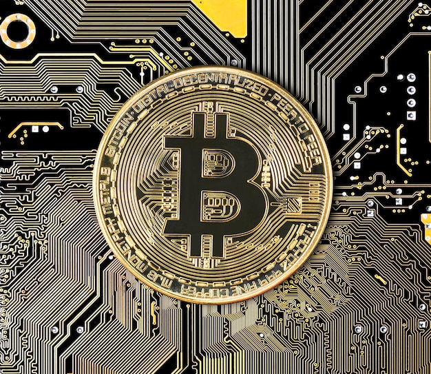 Criptovaluta moneta bitcoin sul circuito stampato