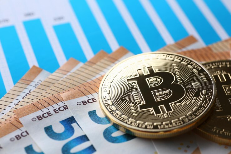 Bitcoin coin diagram and cash on table