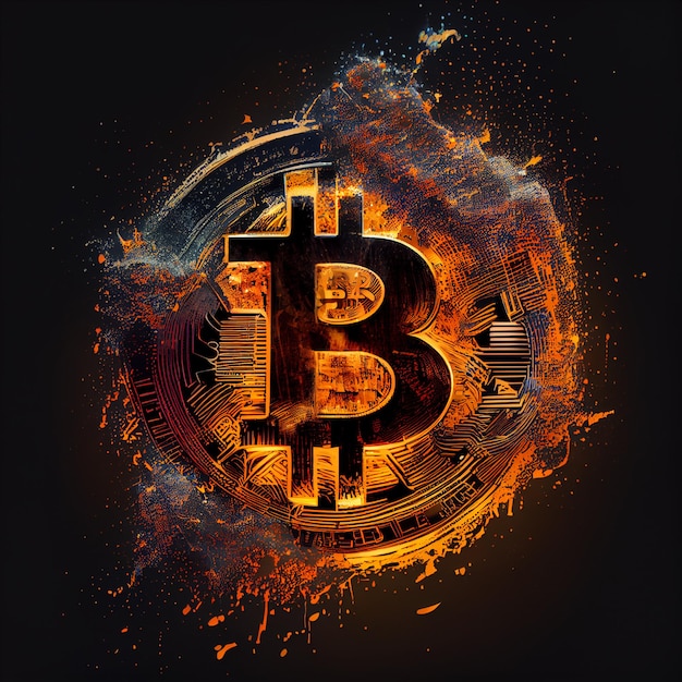 Bitcoin coin on fire cryptocurrency burning epic 3d illustration background