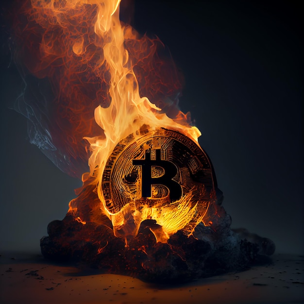 Bitcoin coin on fire cryptocurrency burning epic 3d illustration background