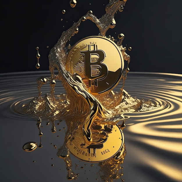 Foto moneta bitcoin in gocce di olio d'oro