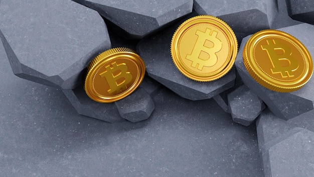 Bitcoin coin and mound of gold nuggets bitcoin cryptocurrency Bitcoin mining and cryptocurrency concept with a golden coin submerged in black stones 3D render