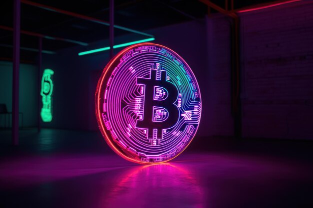 Foto moneta bitcoin su sfondo neon criptovaluta blockchain high tech