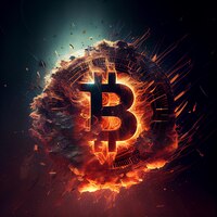 Фото Биткойн-монета в огне, криптовалюта, сжигающая эпический трехмерный фон иллюстрации