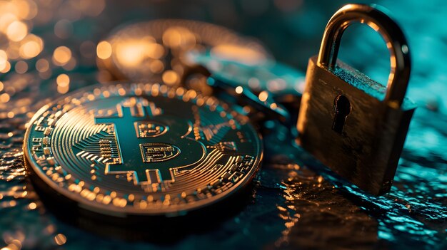 Photo bitcoin coin and padlock showing the security of cryptocurrency transactions