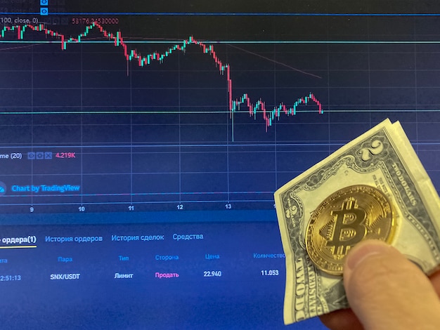 Bitcoin coin on paper bill two Dollars, USD - blurred background. The electronic schedule of bitcoin, volume trades