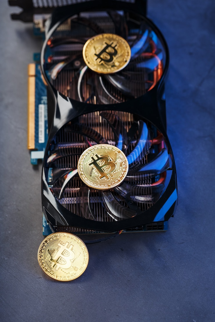 Photo 暗い表面で暗号通貨の概念をマイニングして獲得するための強力なグラフィックカード上のビットコインコイン