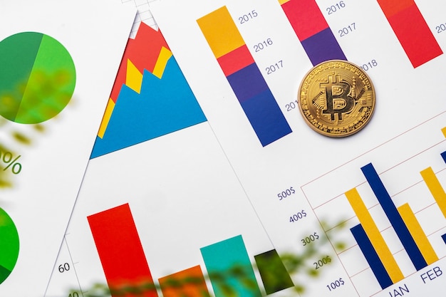 Bitcoin coin on stock market charts papers