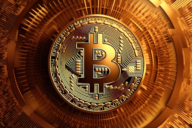 Bitcoin coin on technological golden background AI