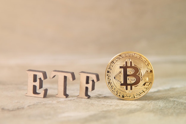 Биткойн-монета с текстом ETF на каменном фоне, концепция входа в фонд цифровых денег. Концепция криптовалюты ETF и биткойн