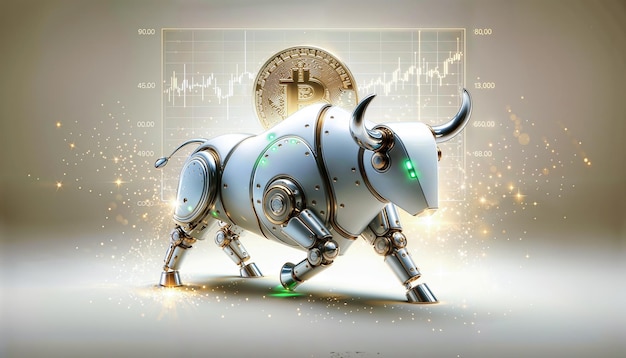 Foto moneta bitcoin con robot d'argento toro e grafico azionario isolato su bianco mercato rialzista di btc