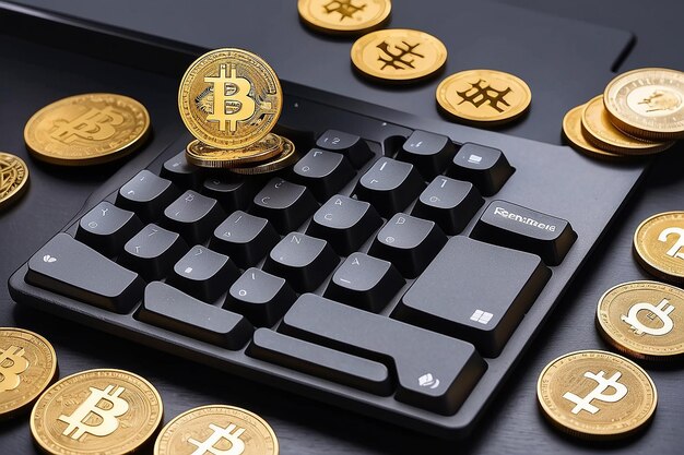 Bitcoin coins on a keyboard