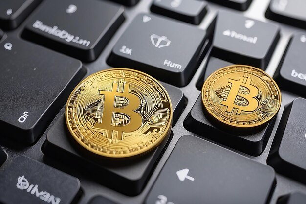 Bitcoin coins on a keyboard