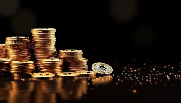 bitcoin coins stacked on black background