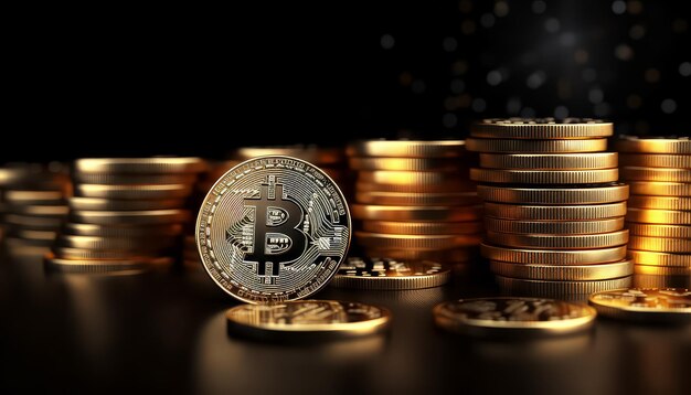 bitcoin coins stacked on black background