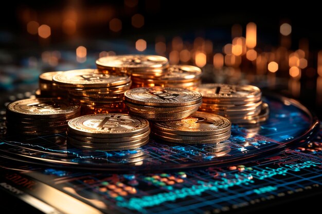 Bitcoin coins on the table with blurred background