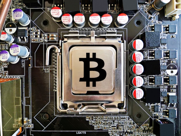 Photo bitcoin concept as a chip on the motherboard