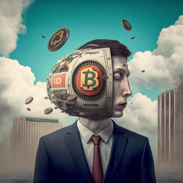 Bitcoin crash in head surreal illustration vintage poster granural texture