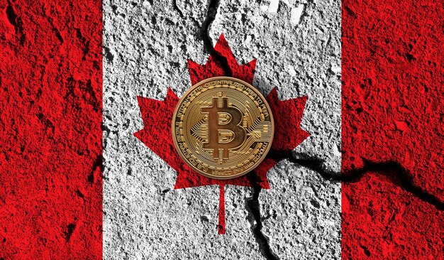 Moneta in criptovaluta bitcoin con restrizioni crittografiche della bandiera del canada incrinate