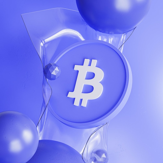 Foto moneta di criptovaluta bitcoin con sfere viola concetto di investimento e-commerce rendering 3d