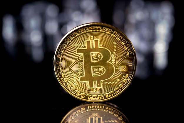 Bitcoin Crypto currency Gold Bitcoin BTC Bit Coin Macro shot of Bitcoin coins isolated on black