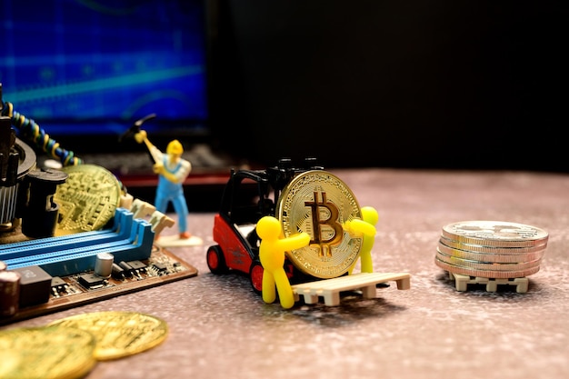 Bitcoin of Crypto currency with gold, money and miniature toy. New virtual of technology and business for block chain