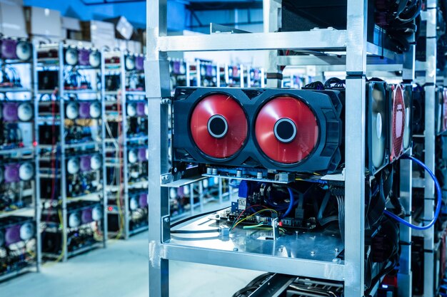 Photo bitcoin and crypto mining computer machines in a big data center high tech servers at work