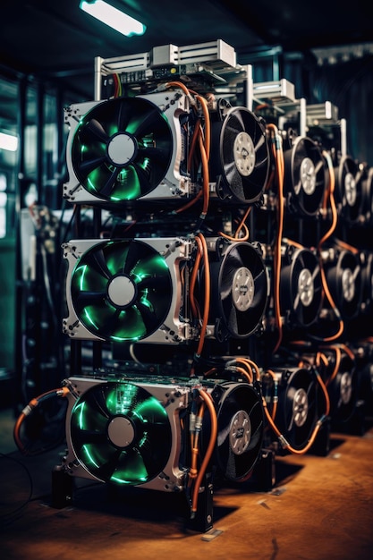 Bitcoin and crypto mining farm Big data center High tech server computers at work vertical