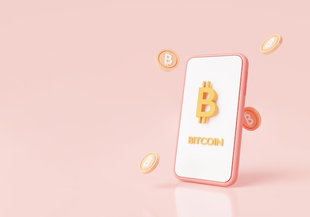 Bitcoin crypto su cellulare isolato su sfondo rosa commercio bitcoin btc cryptocurrency trading online indice finanziario crescente affari finanziari 3d rendering illustrazione cartone animato stile minimal