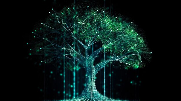 Foto bitcoin criptovaluta e albero concettuale della tecnologia blockchain per il tuo design ai generato