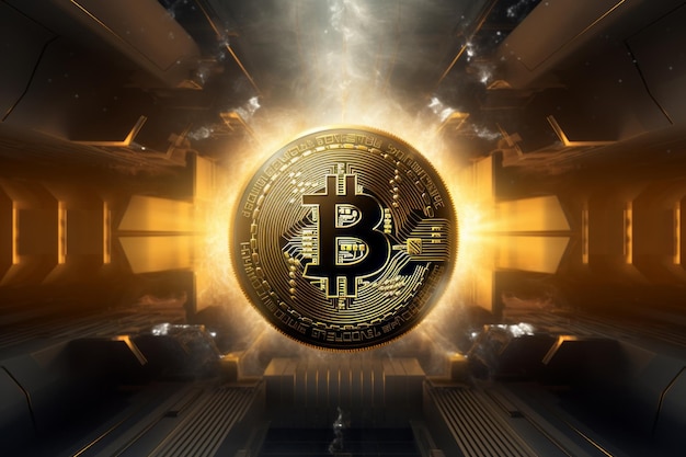 Bitcoin cryptocurrency coin on the background of a futuristic spaceship