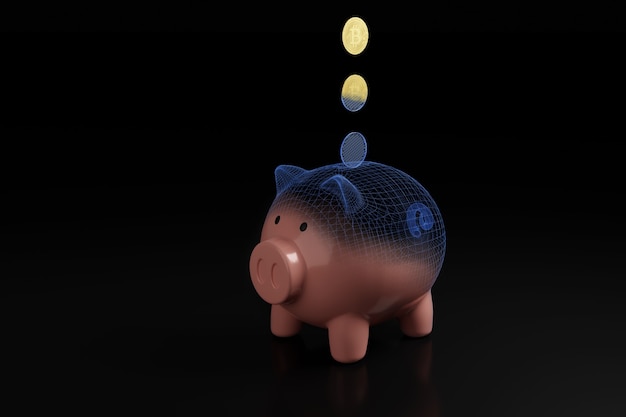 Bitcoin cryptocurrency coin falling into a piggy bank