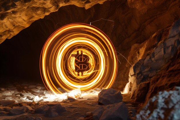 Foto moneta di criptovaluta bitcoin e tracce luminose su sfondo nero concetto di denaro digitalebitcoins energia un display luminoso dinamico che circonda una moneta d'oro