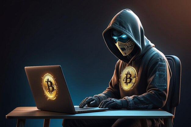 Photo bitcoin and cryptocurrency cybersecurity concept with hacker behind the unsecured laptop