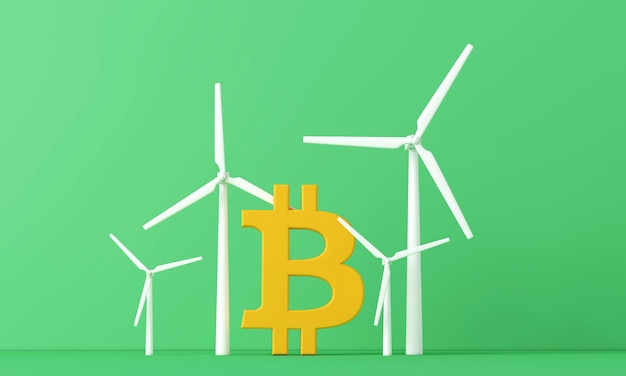 Bitcoin cryptocurrency eco impact bitcoin with wind turbine d rendering